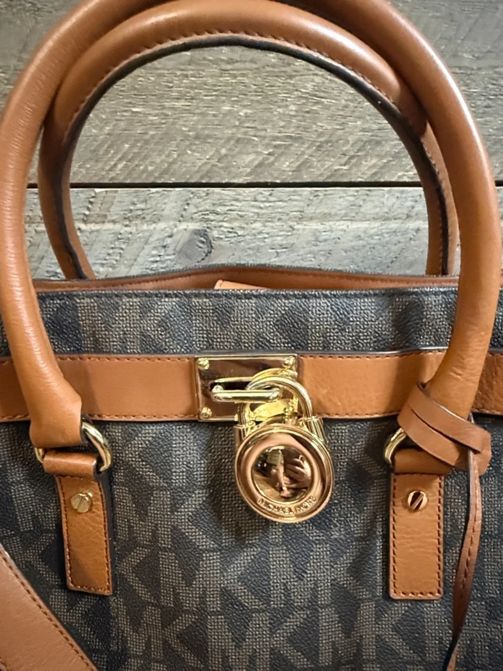 Michael Kors Hamilton Large Tote Brown MK Logo Leather Trim Like New w/ Strap